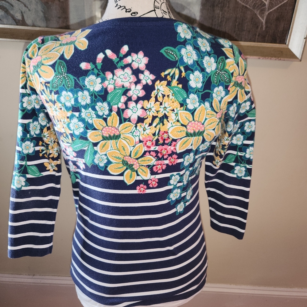 Talbots Navy Floral Stripe Blouse - Picture 2 of 7